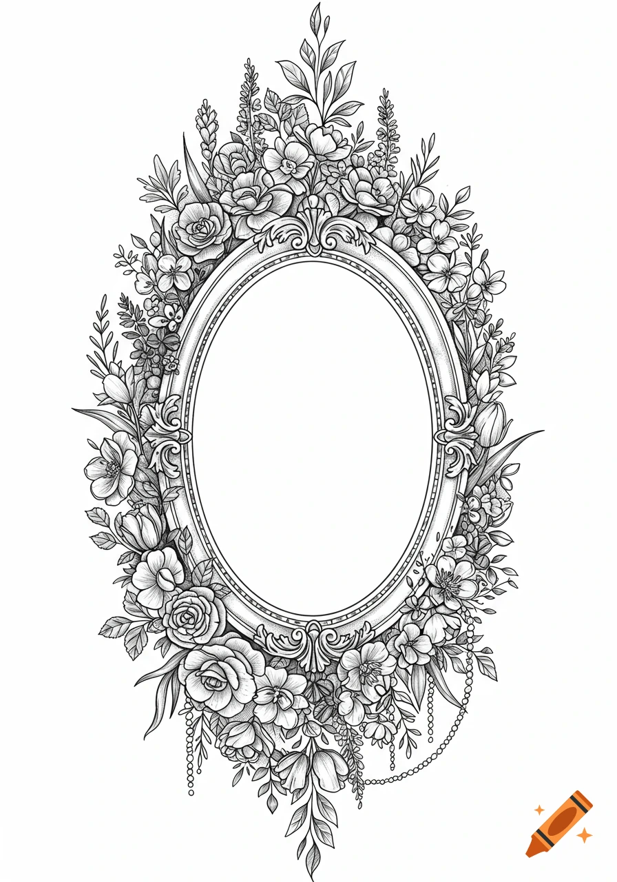 A detailed black and white line art illustration of an ornate oval antique frame surrounded by lush wildflowers, roses, and leaves.