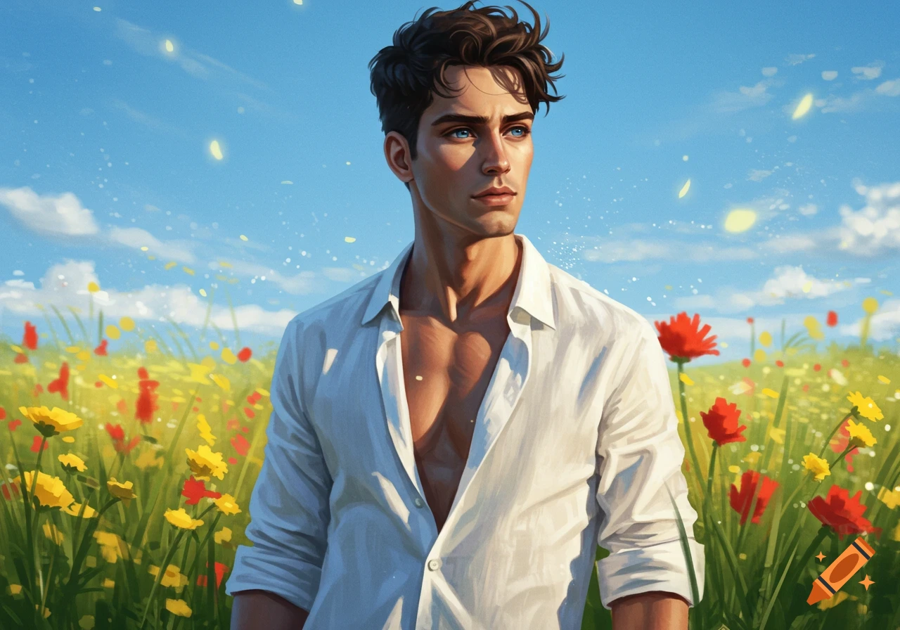 Digital painting of a man with blue eyes and dark hair in an unbuttoned white shirt in a field of colorful flowers.