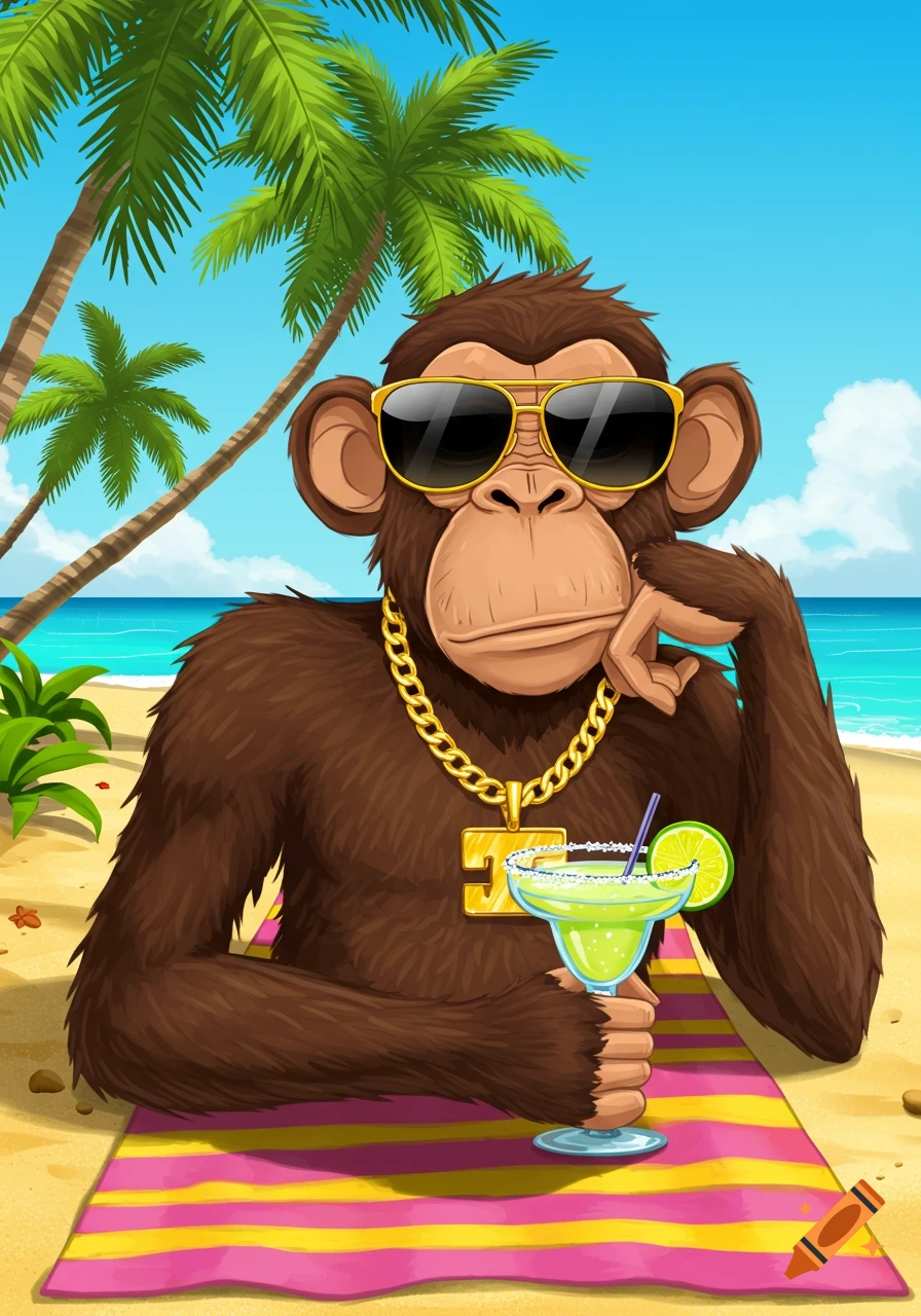 A cool cartoon monkey in sunglasses and a gold chain sits on a tropical beach, holding a margarita.