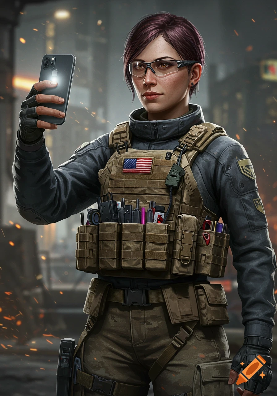 Woman in tactical gear with short red hair and glasses taking a selfie with a phone in a dramatic game art style.
