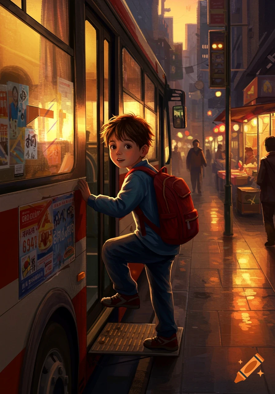 An illustrated boy with a red backpack stepping onto a city bus at sunset on a bustling street.