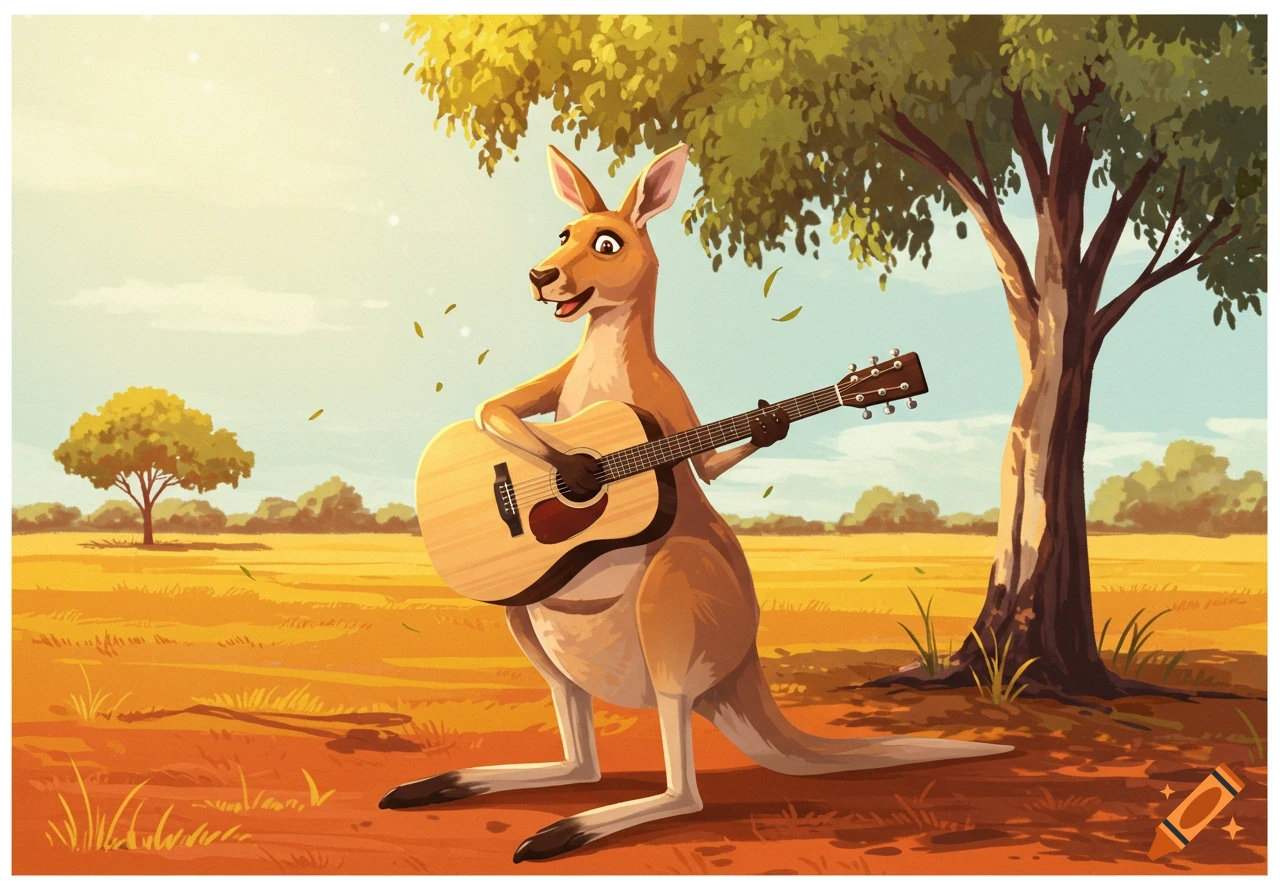 A cartoon kangaroo plays an acoustic guitar in a sunny field under a tree, illustrated.