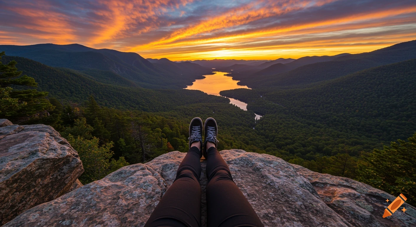 First-person view of feet dangling over a cliff, overlooking a lake surrounded by forested mountains at sunset.