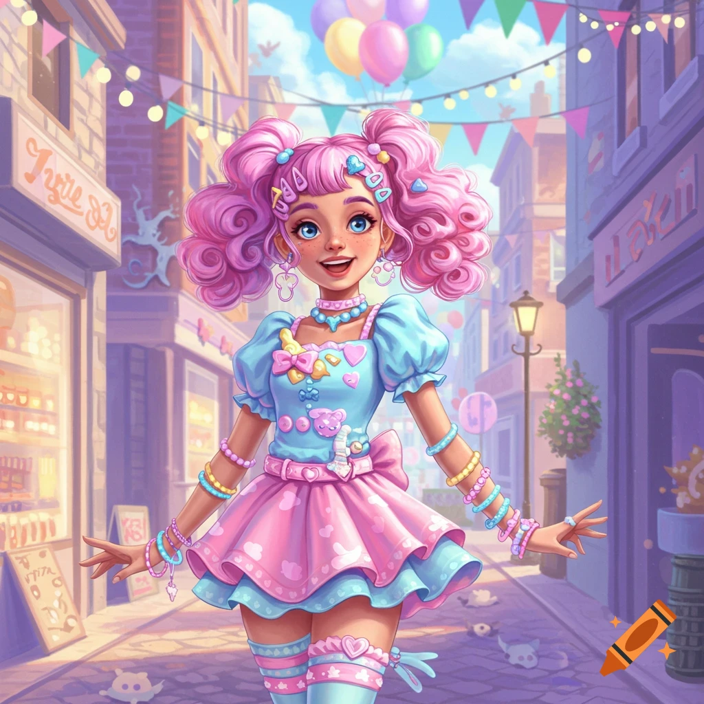 A colorful anime-style decora girl with pink hair and a pastel blue and pink outfit stands smiling on a whimsical street lined with shops and balloons.
