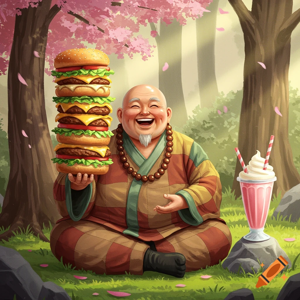 A happy bald monk sits under cherry blossoms, holding a tall stack of hamburgers and a milkshake.