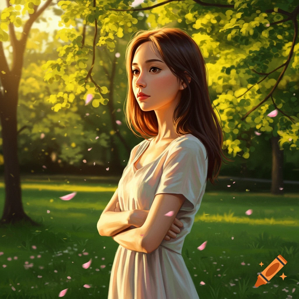 A young woman in a light dress stands with crossed arms in a sunny park with green trees and falling pink petals, digital art.
