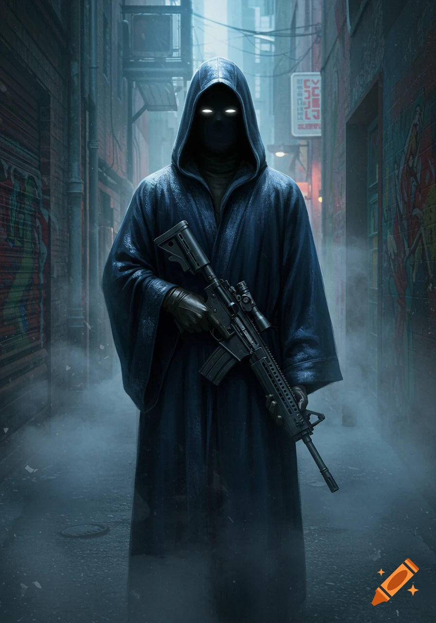 A dark, hooded figure with glowing white eyes stands in a misty urban alleyway, holding an assault rifle.