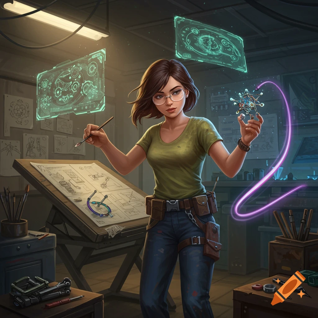 An illustration of a female engineer or artist in a workshop, holding a brush and a glowing molecular model, with holographic displays.