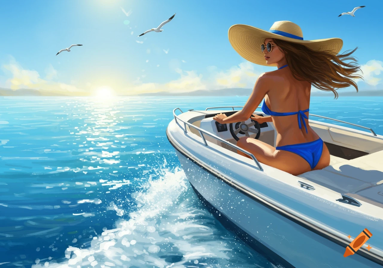 A woman in a straw hat and blue bikini drives a boat on a sunny ocean with seagulls flying.