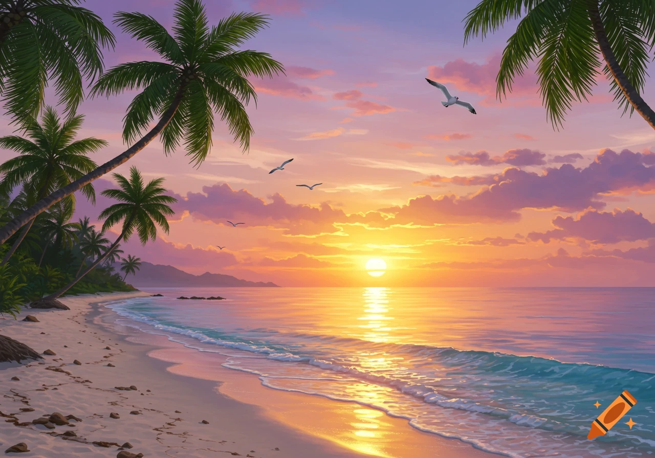 Vibrant tropical beach at sunset with palm trees, ocean waves, and seagulls flying under an orange and purple sky.