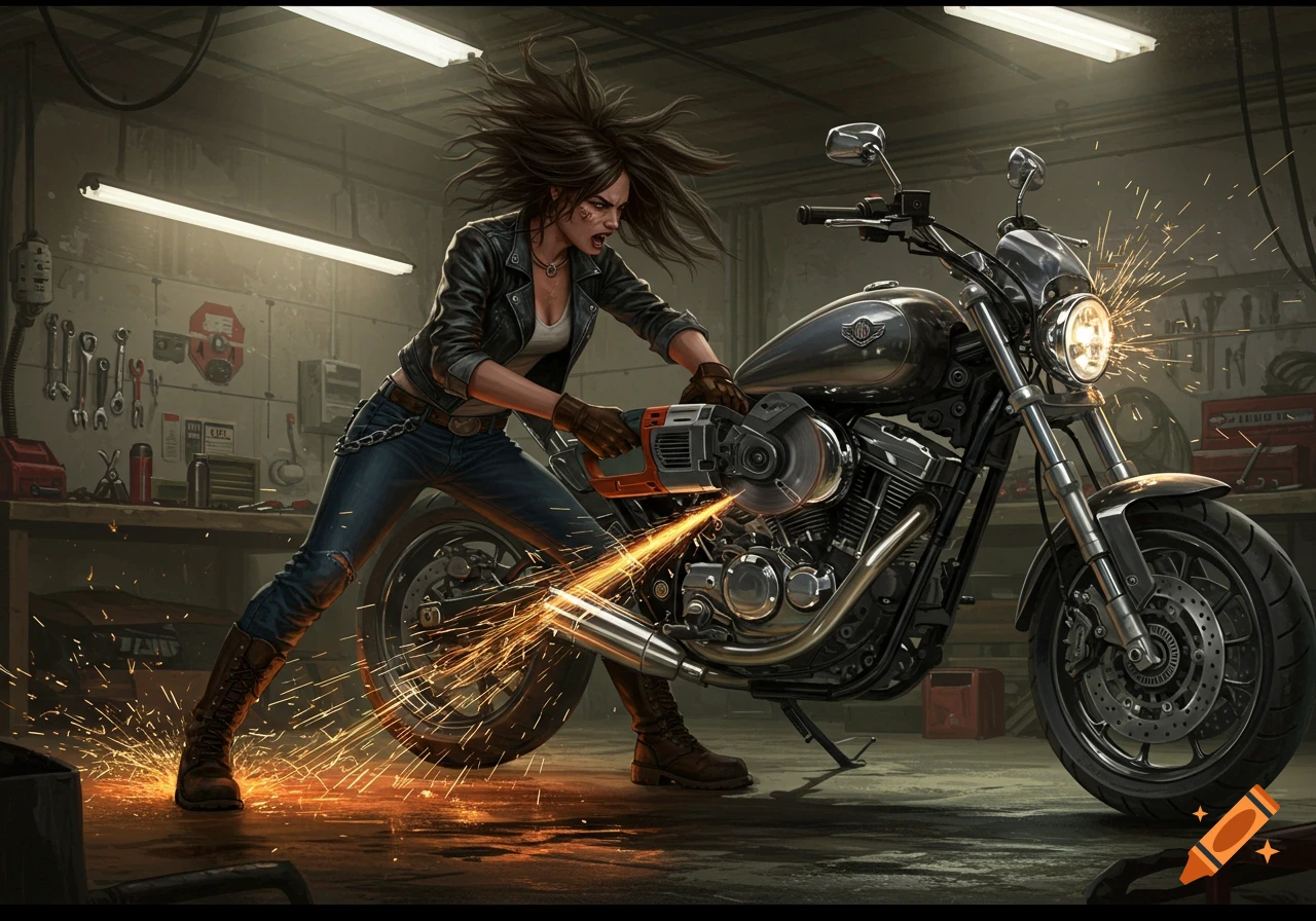 A woman in a garage uses an angle grinder on a motorcycle, sending sparks flying. Realistic illustration.