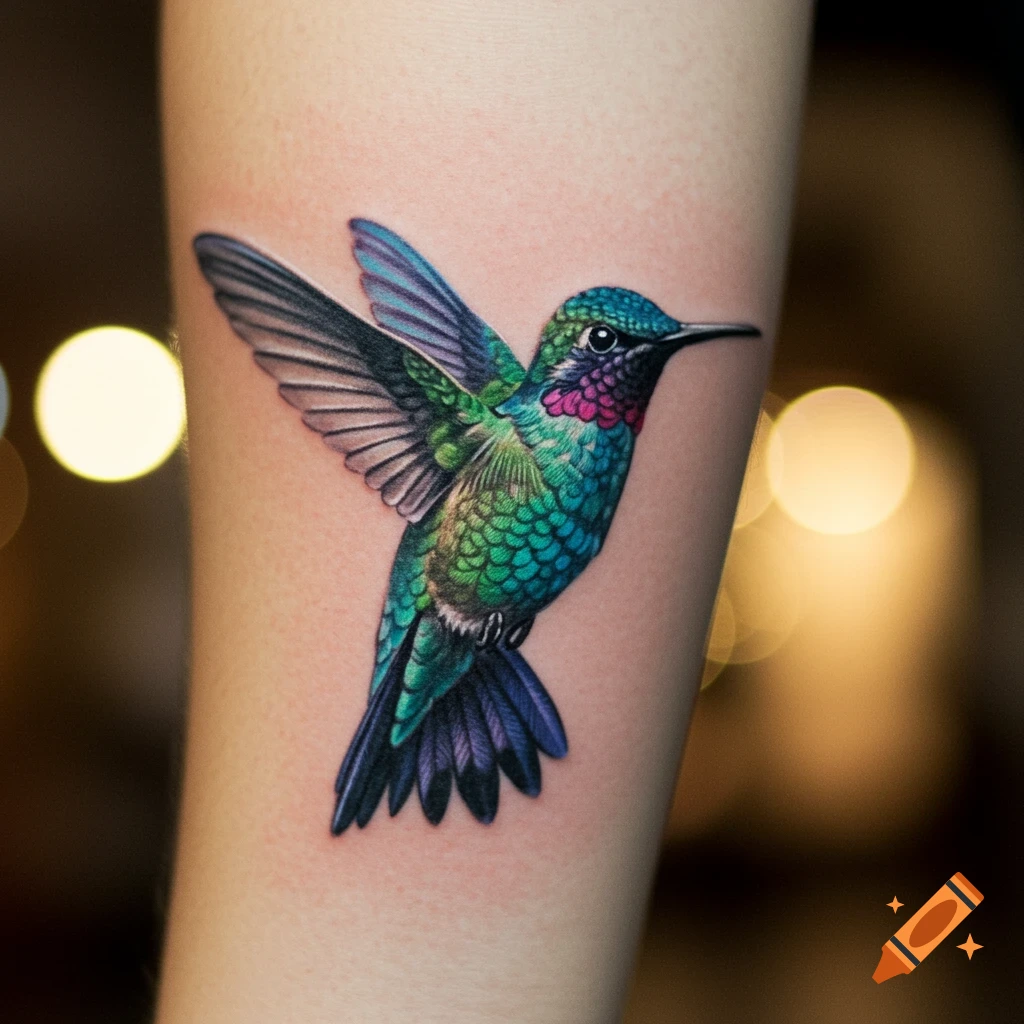 A vibrant green and blue hummingbird tattoo with pink accents on an arm.