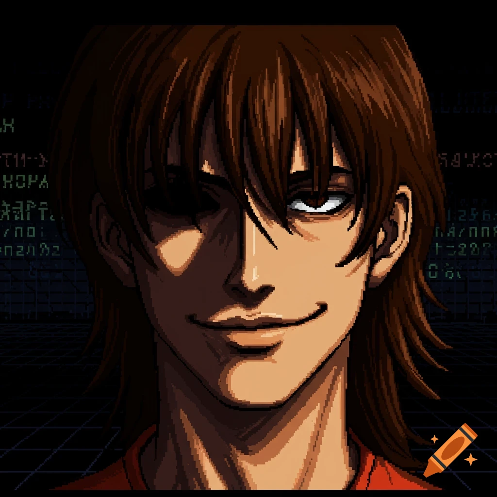 High-contrast pixel art of an anime male protagonist with brown hair and bangs, one eye shadowed, and a creepy smirk, against a dark digital background.