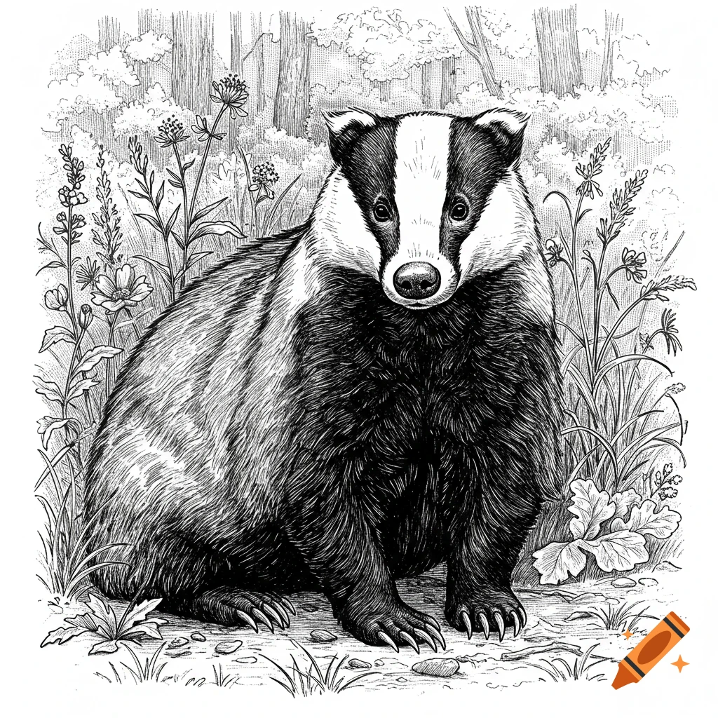 Front-facing European badger sitting in a forest, black and white line art illustration.