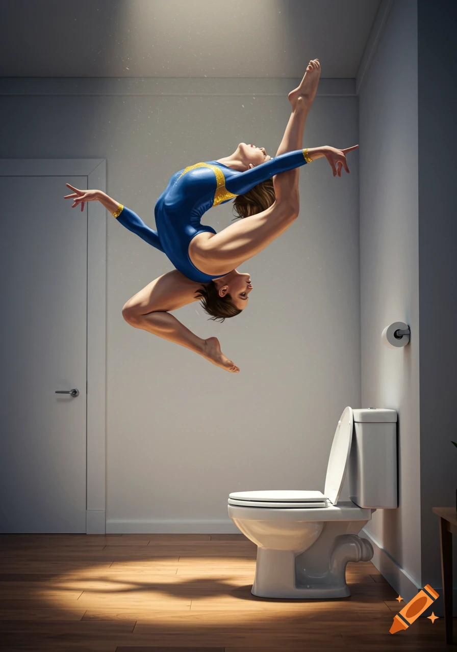 A female gymnast in a blue leotard performs a mid-air split inversion directly above a toilet in a bathroom, lit by a spotlight.