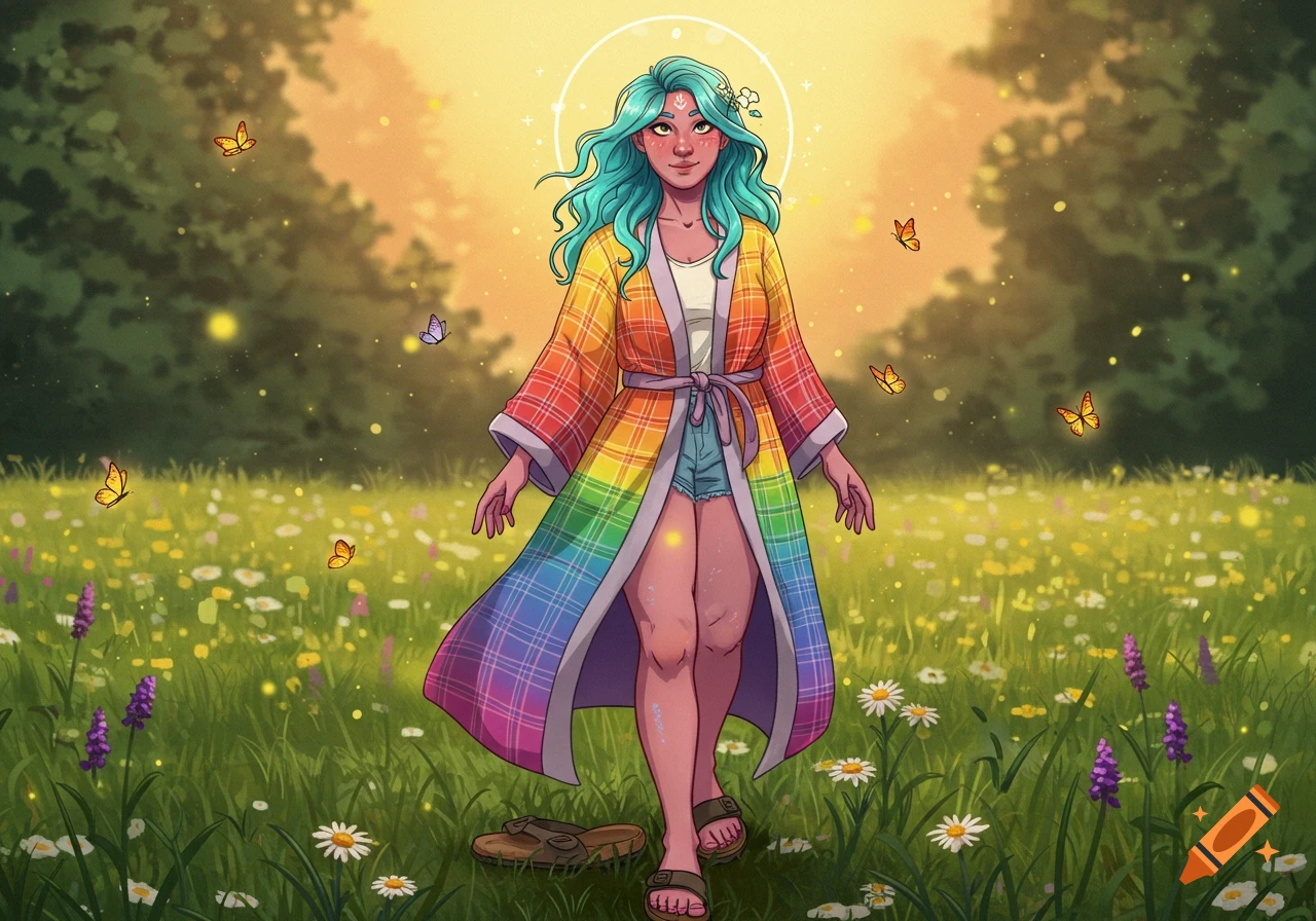 An illustrated woman with blue hair and a rainbow plaid kimono walks through a sunny meadow with butterflies and flowers.