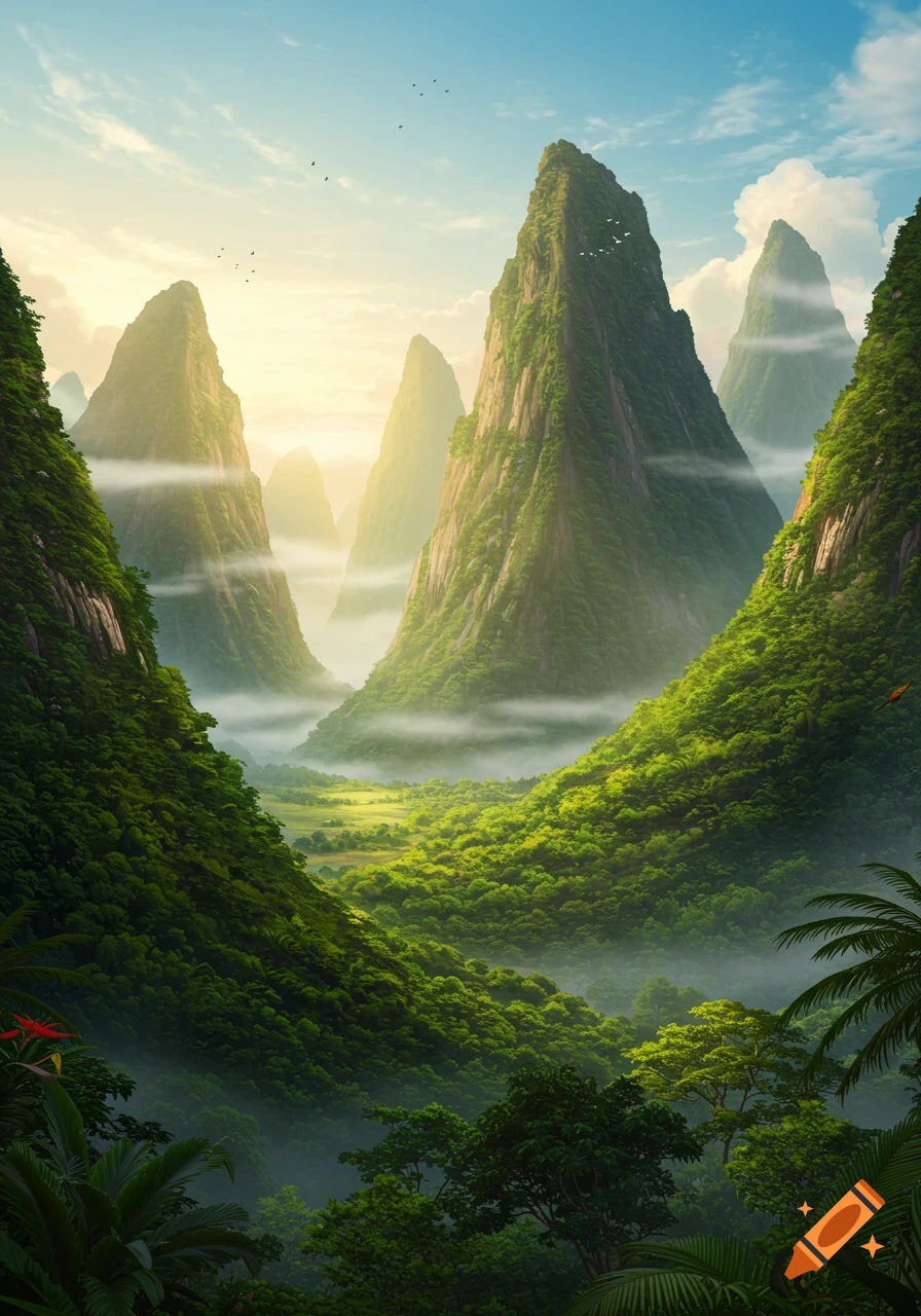 Photorealistic rendering of a vibrant green jungle valley surrounded by tall, misty mountains at sunrise.