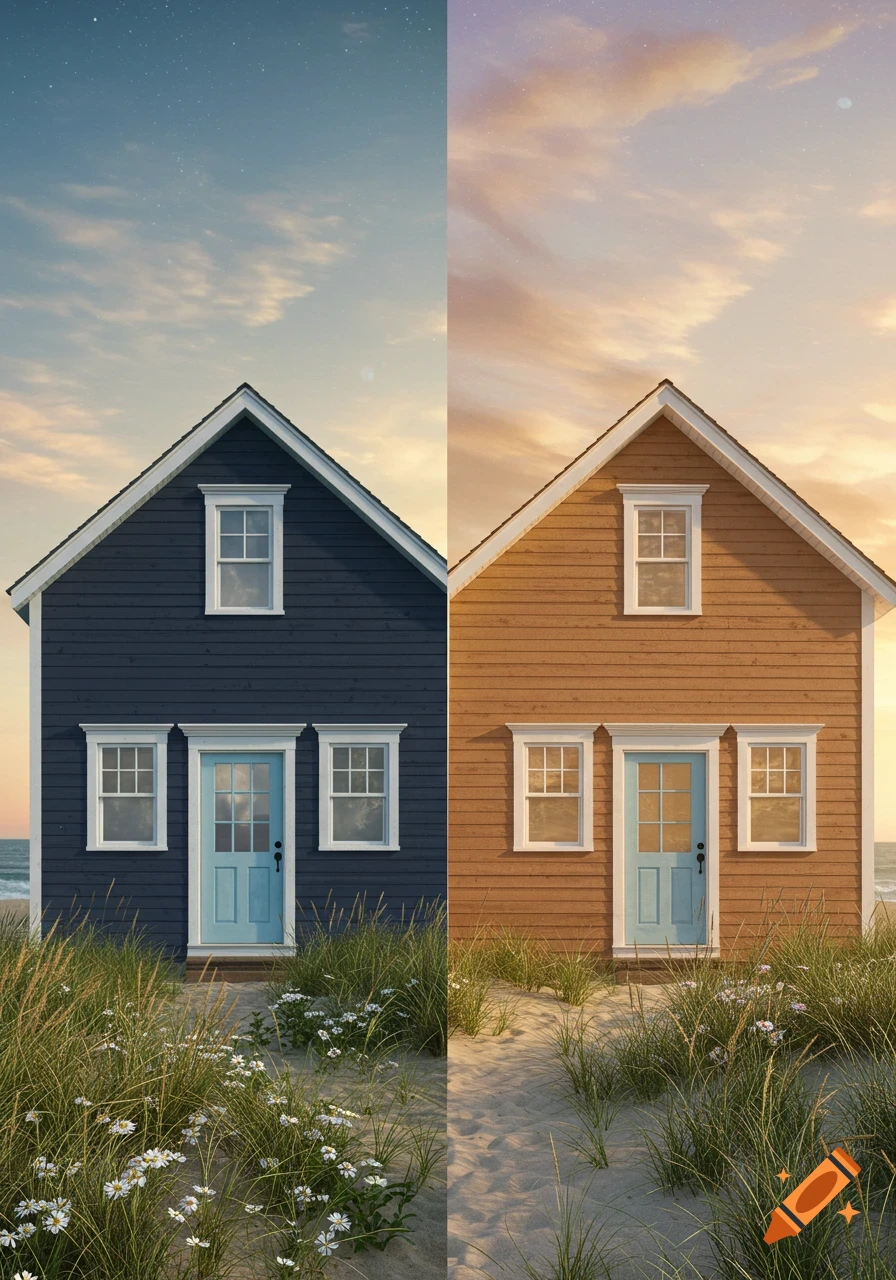 Split image showing two beach cottages: a dark blue one at night with ocean, and a brown one at sunrise. Both have white trim, a blue door, and are surrounded by sand, grass, and daisies.