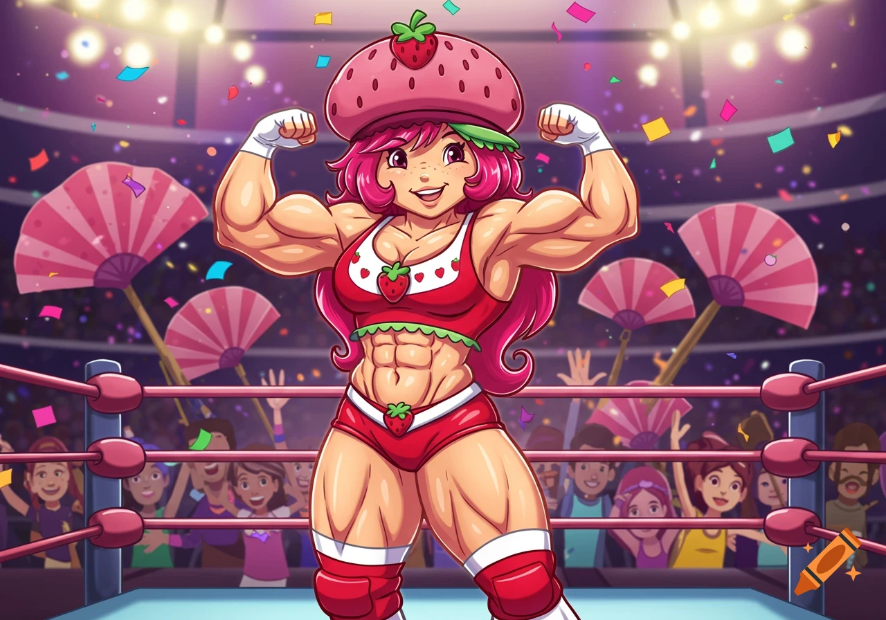 Cartoon depiction of a muscular adult Strawberry Shortcake flexing in a wrestling ring, surrounded by cheering fans.
