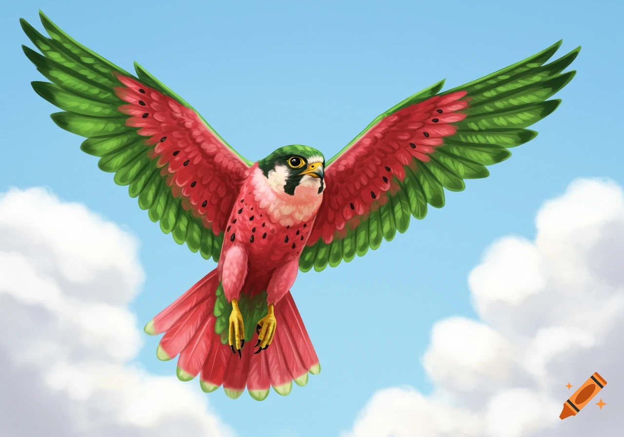 A vibrant falcon with red, green, and black watermelon-patterned feathers flies through a blue sky with white clouds.