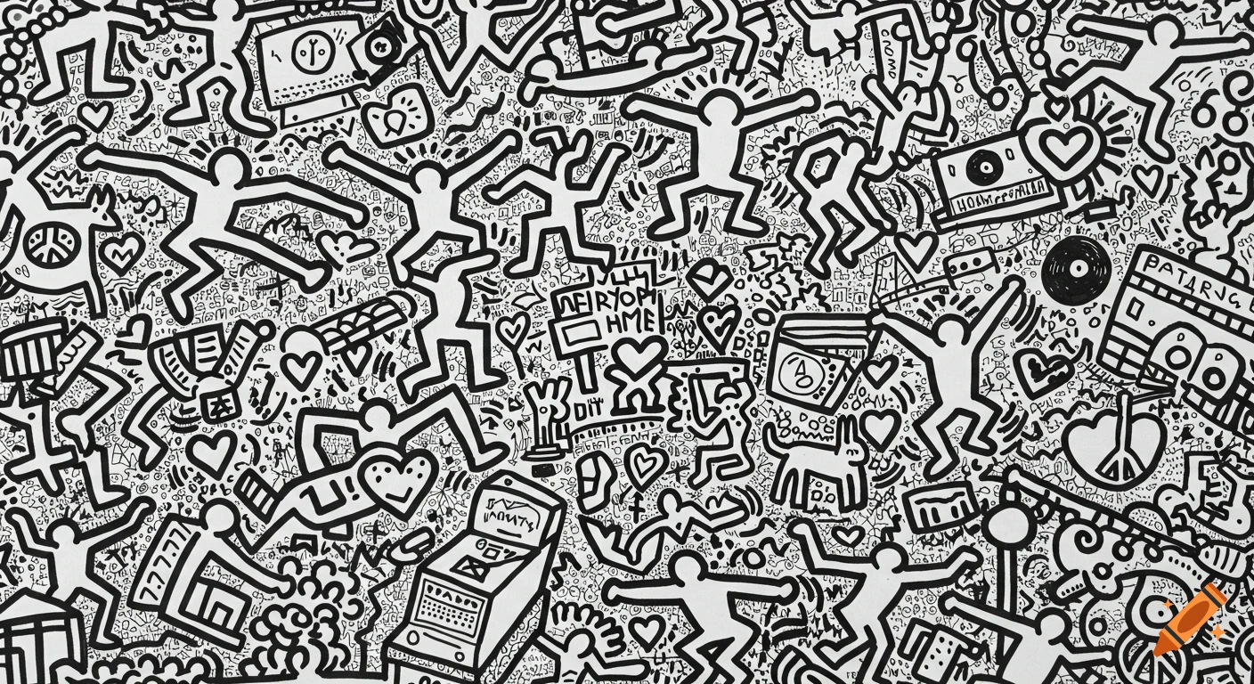 A dense black and white illustration in the style of Keith Haring, featuring abstract outlined figures dancing, hearts, dogs, records, and peace signs, against a white background filled with scribbles.