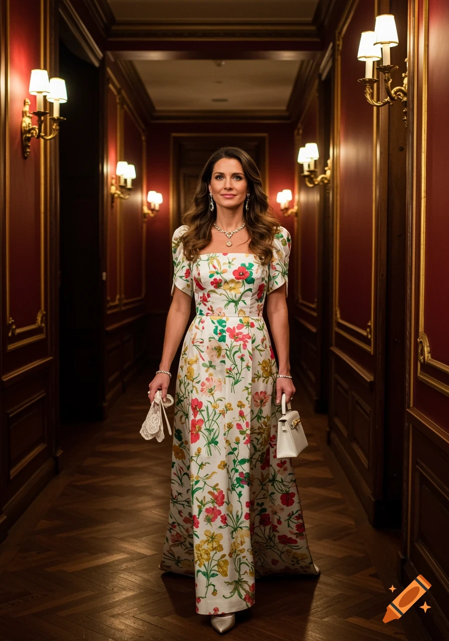 Elegant woman in a floral gown walks down a grand corridor with red walls and ornate gold sconces, holding a white bag and lace gloves.