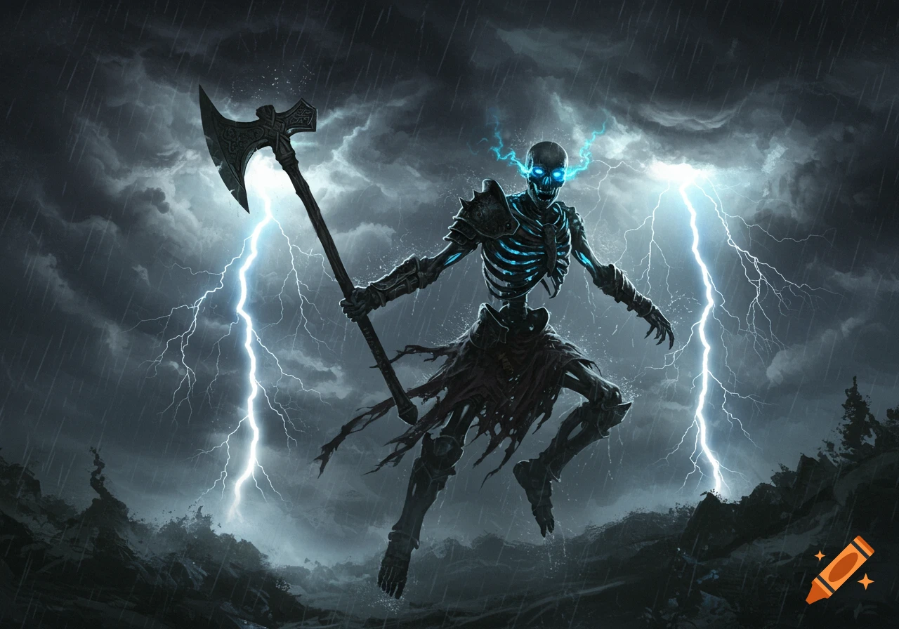 A skeletal warrior with glowing blue eyes holds an axe, flying through a stormy, lightning-filled sky.