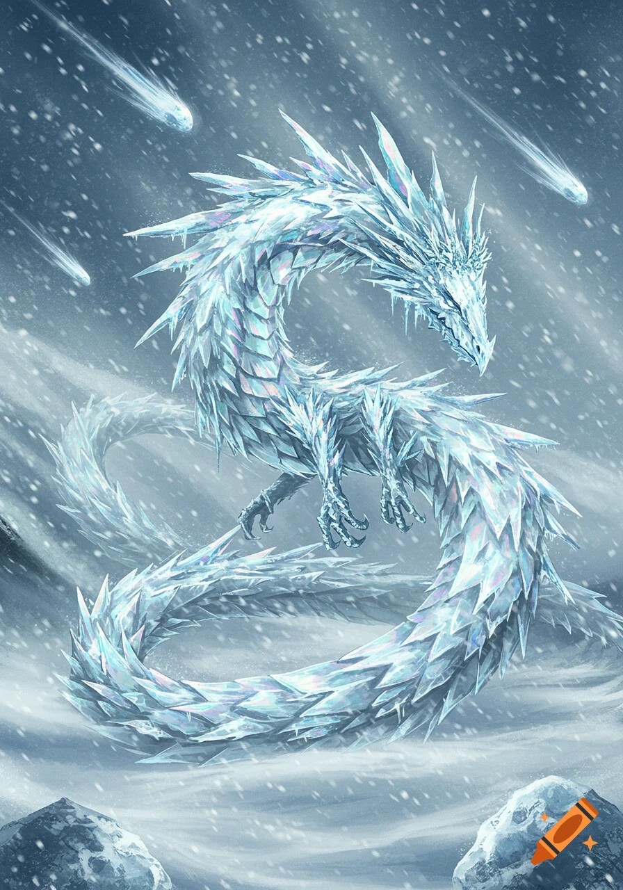 A majestic serpentine ice dragon with crystalline scales coils amidst a snowy blizzard, with comets streaking across the sky.