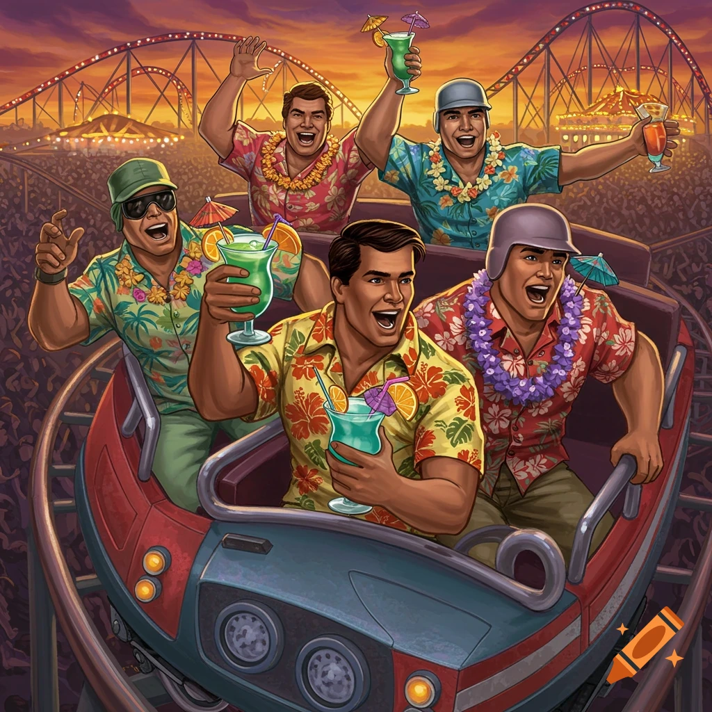 Five muscular men in Hawaiian shirts on a roller coaster, holding cocktails and cheering, at an amusement park at sunset.