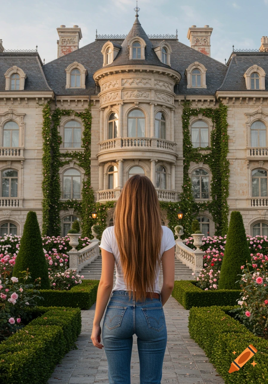 Woman with long brown hair from behind, wearing a white t-shirt and blue jeans, looking up at a grand mansion and rose garden.