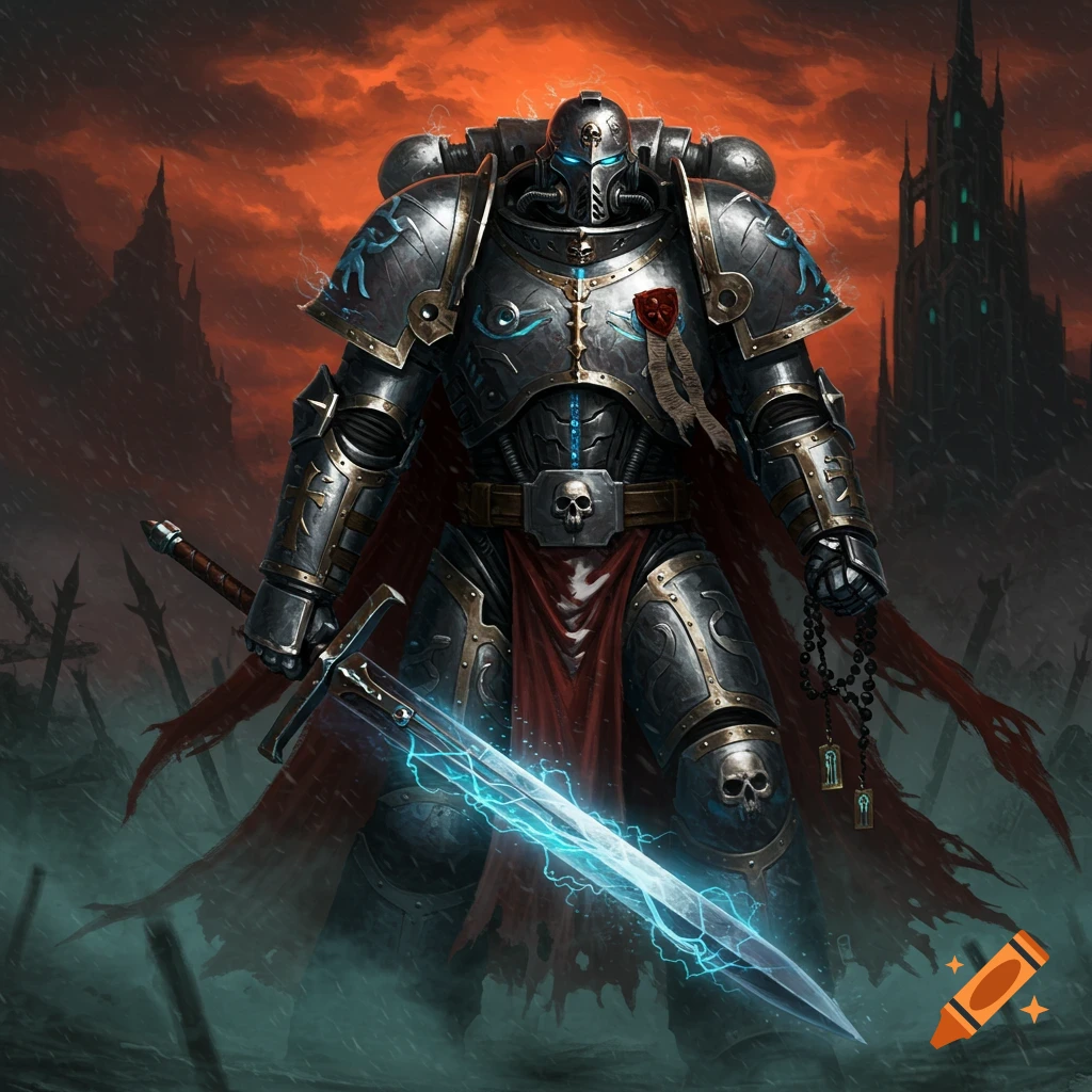 A heavily armored warrior, a Warhammer Grey Knight, stands in a desolate, stormy landscape holding a glowing sword.