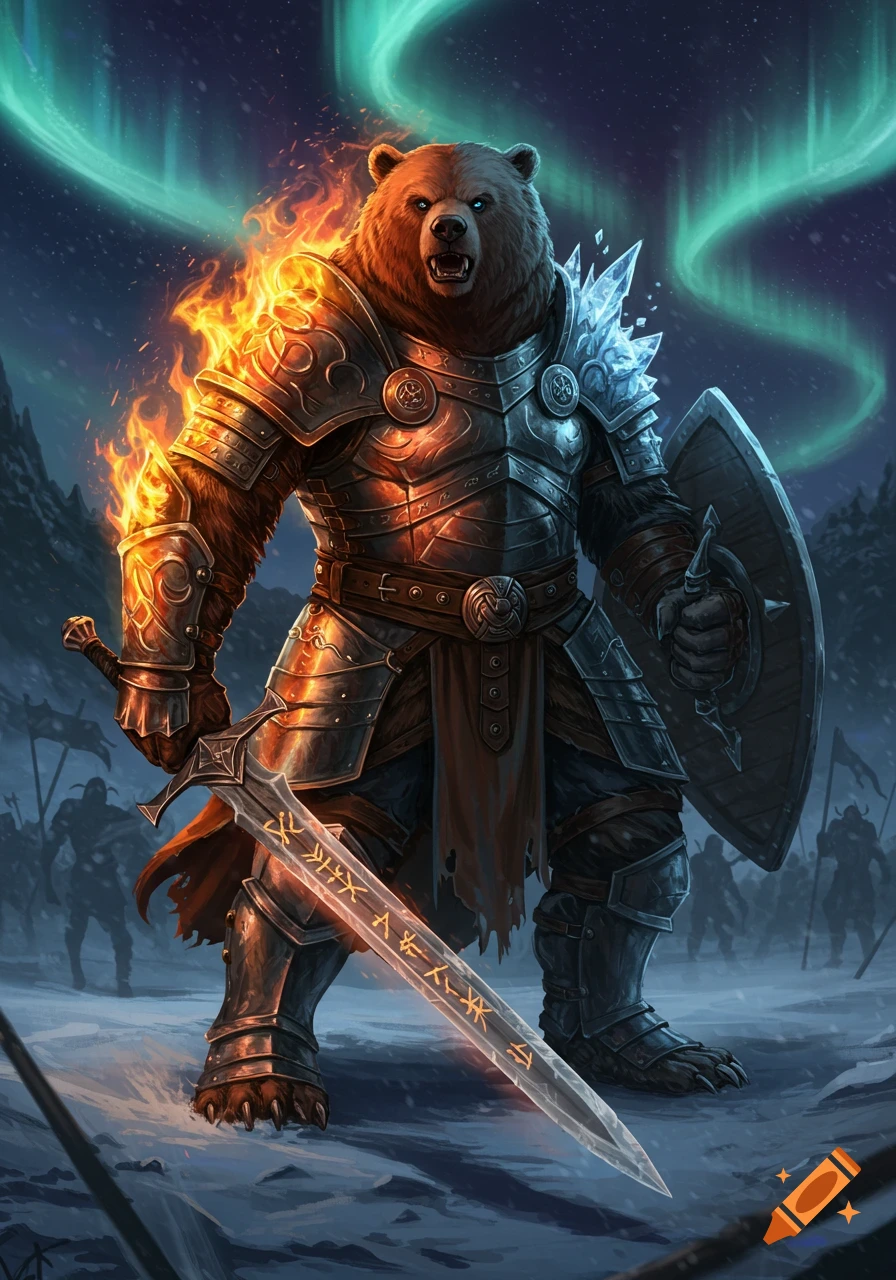 A fierce bear-like warrior in ornate armor, one side engulfed in fire and the other covered in ice shards, wields a runic sword and shield under a starry night sky with aurora borealis.