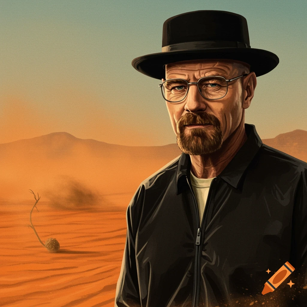 A bald man with a goatee and glasses, wearing a black fedora and jacket, stands in a reddish-orange desert landscape under a gradient sky.