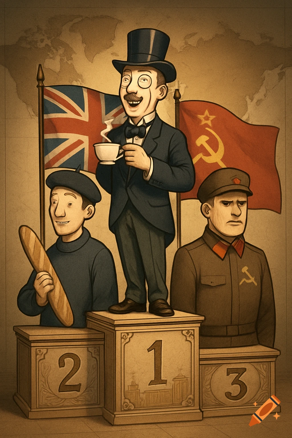 Cartoon illustration of personified Great Britain (1st), France (2nd), and Soviet Union (3rd) on a competition podium with their national flags.