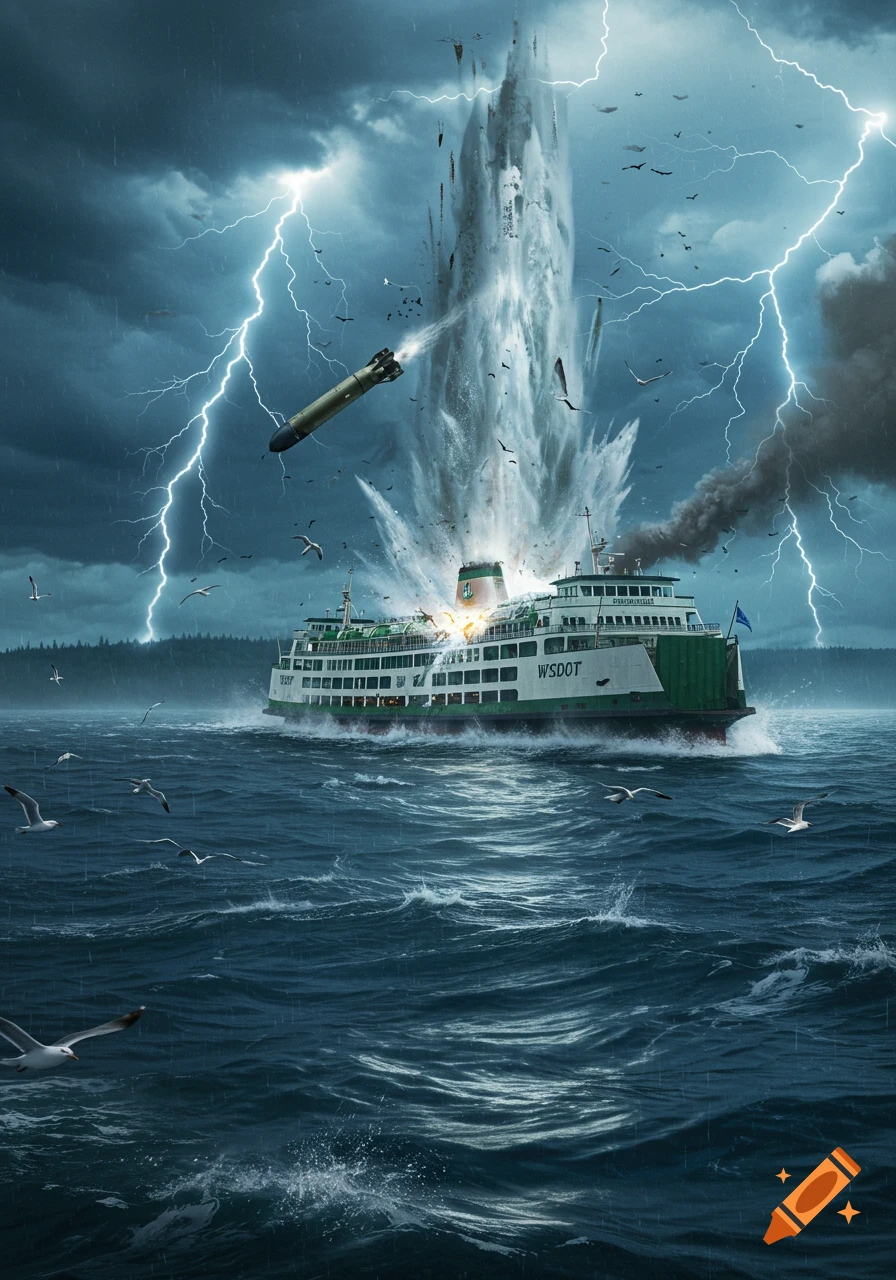 A large green and white ferry is hit by a torpedo in a stormy ocean, creating a huge water explosion as lightning strikes in the dark sky.