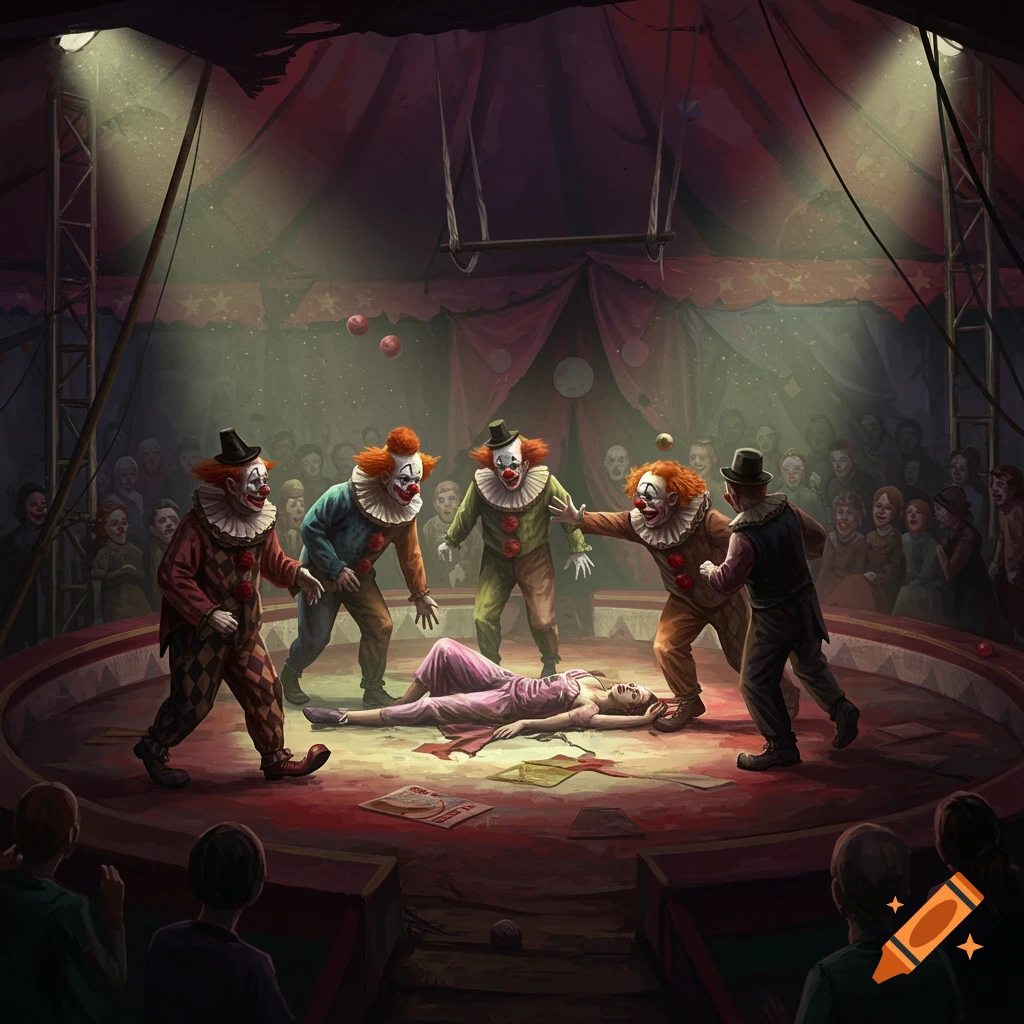 Five scary clowns surround a fallen trapeze artist in a dimly lit, rundown circus tent, with spectators in the background.