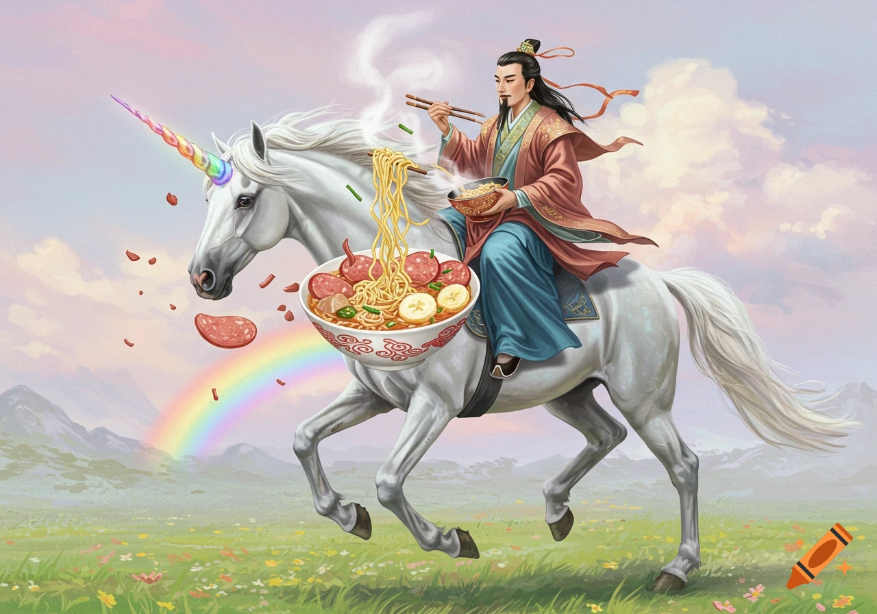 A Chinese man in traditional robes rides a white unicorn, eating ramen with bologna and bananas from a large bowl attached to the unicorn, with a rainbow in the background.