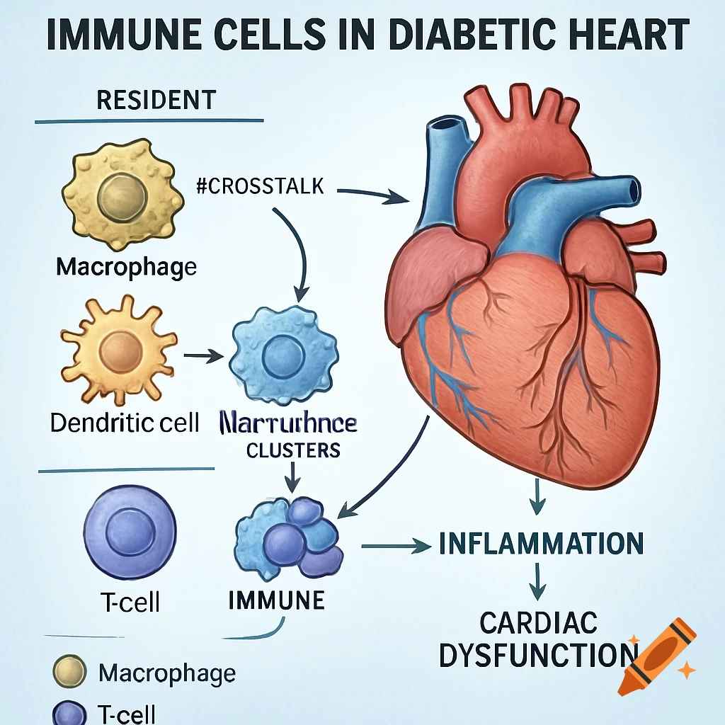 A flow diagram illustrating immune cells in a diabetic heart, showing macrophages, dendritic cells, and T-cells interacting around a heart.