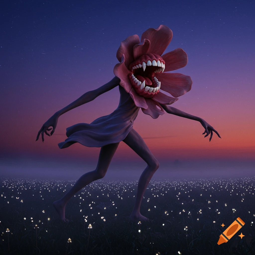 A humanoid creature with a large red flower for a head, sharp teeth, and long limbs, walks through a field of glowing flowers at twilight.