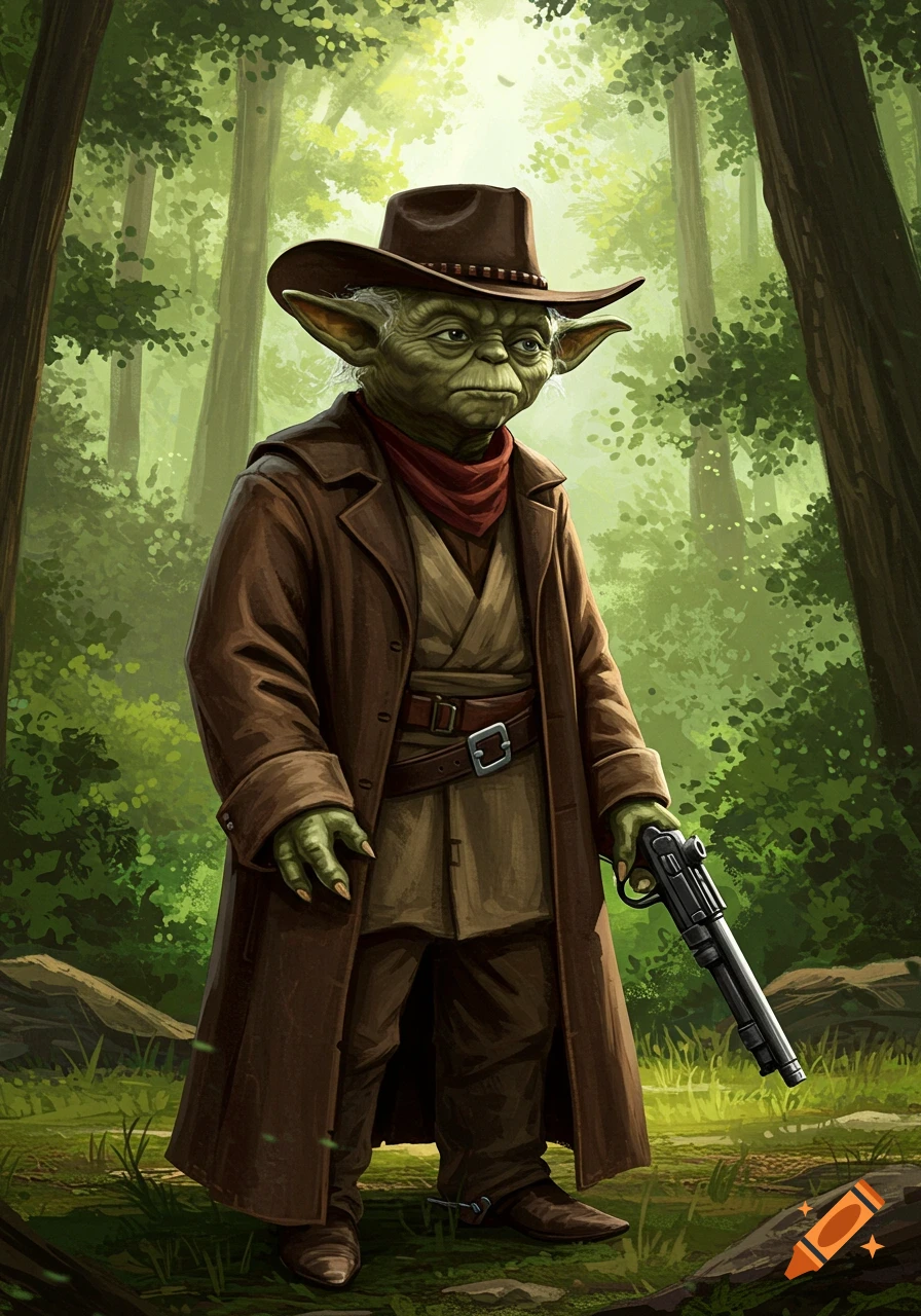 Yoda in a cowboy hat and long brown coat, holding a revolver, stands in a vibrant green forest. Illustrated fantasy art.