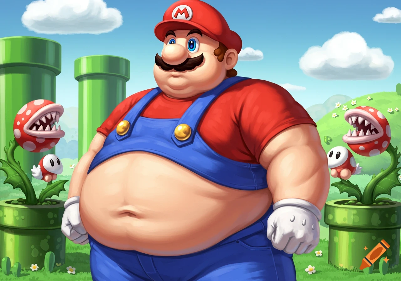 An overweight Mario stands in a bright green landscape with Piranha Plants and pipes.