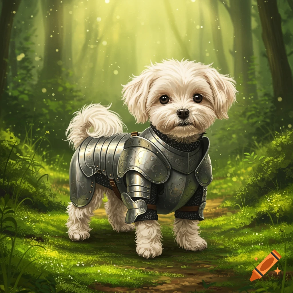 A fluffy white Maltipoo dog in shiny knight armor stands on a mossy path in a sunny, green forest.