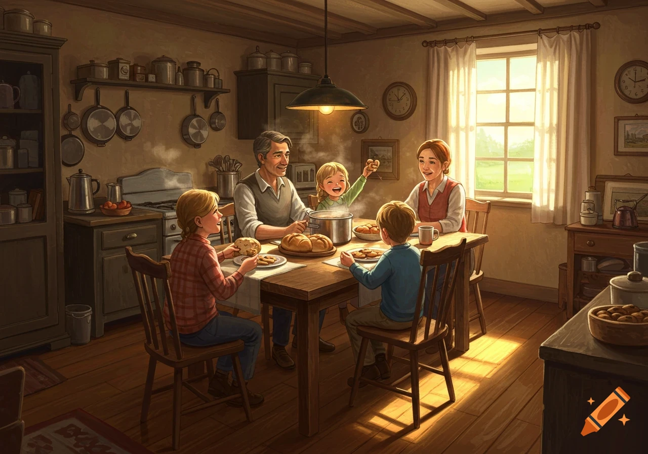 A family of five, parents and three children, gather around a wooden table in a rustic kitchen, illuminated by sunlight, enjoying a meal.