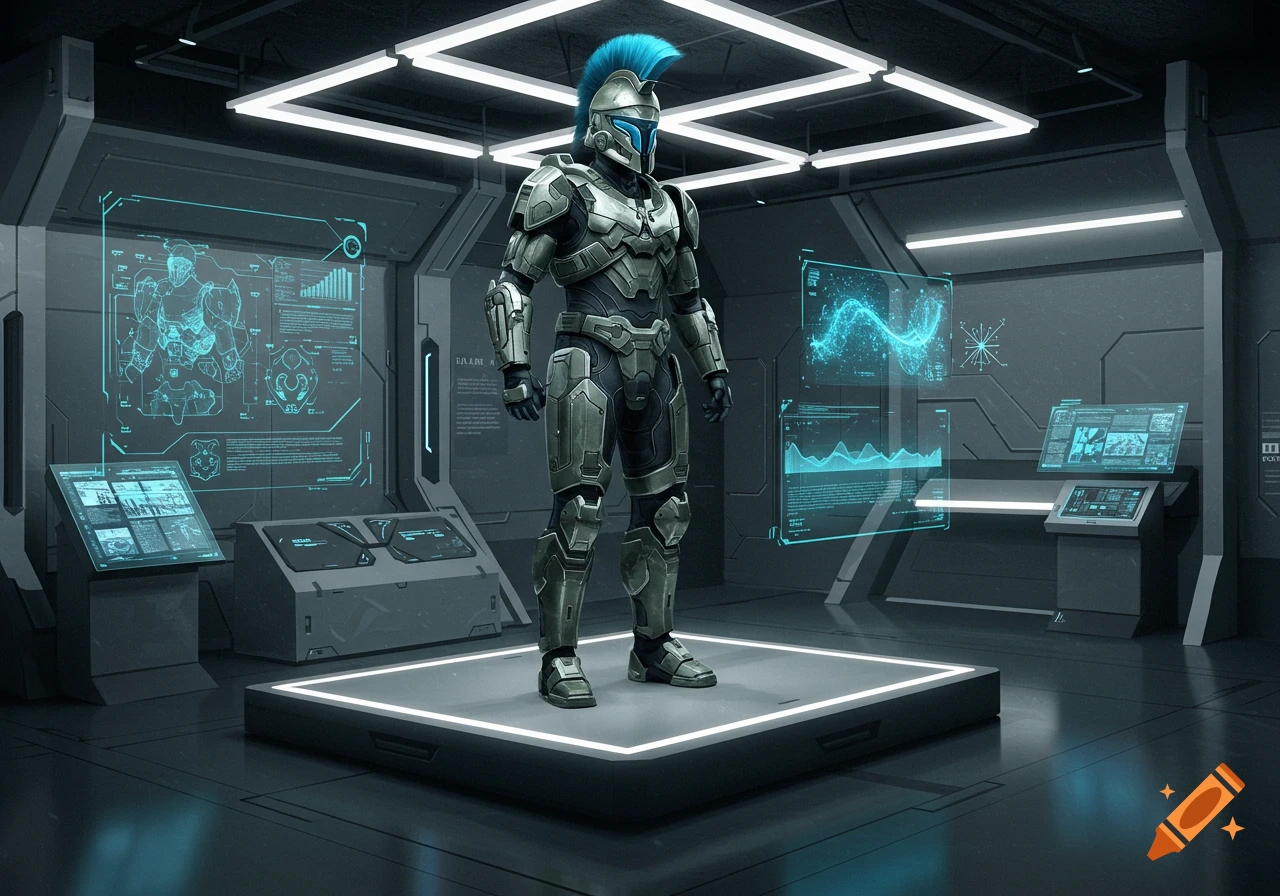 Futuristic silver and blue Spartan-like armor on display in a sci-fi laboratory with holographic screens.