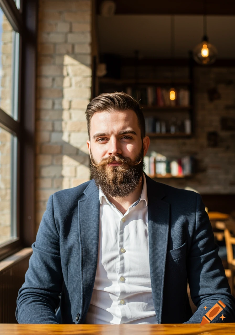 Photorealistic portrait of a man with a large beard and handlebar mustache, wearing a dark jacket, sitting in a cafe.