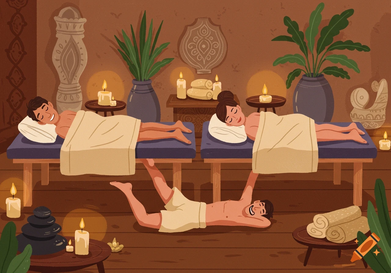Cartoon of a man and woman on massage tables, with another man humorously supporting them from below, in a candlelit spa room.
