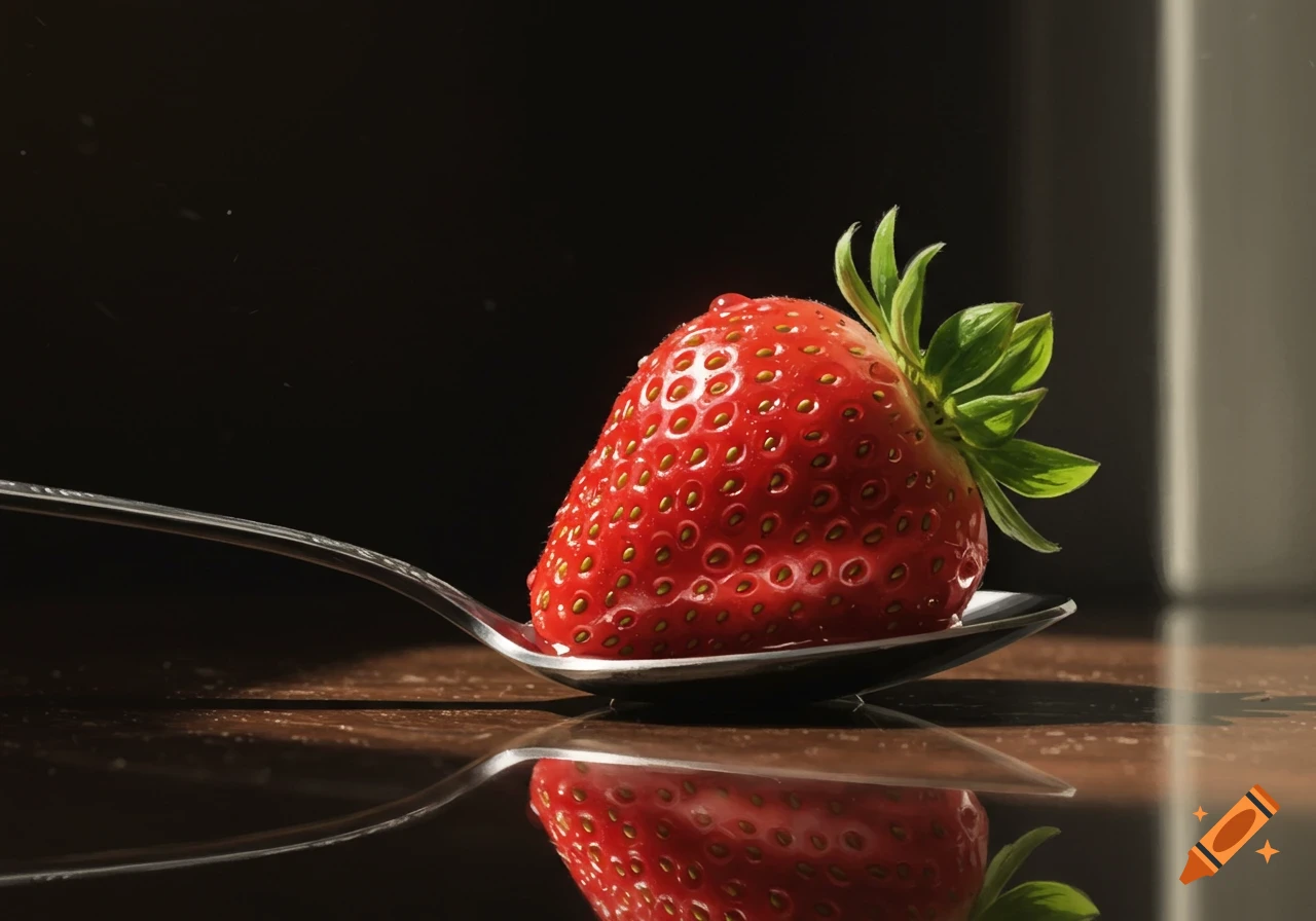 A vibrant red strawberry with water droplets rests on a silver spoon, reflected on a dark, glossy surface.