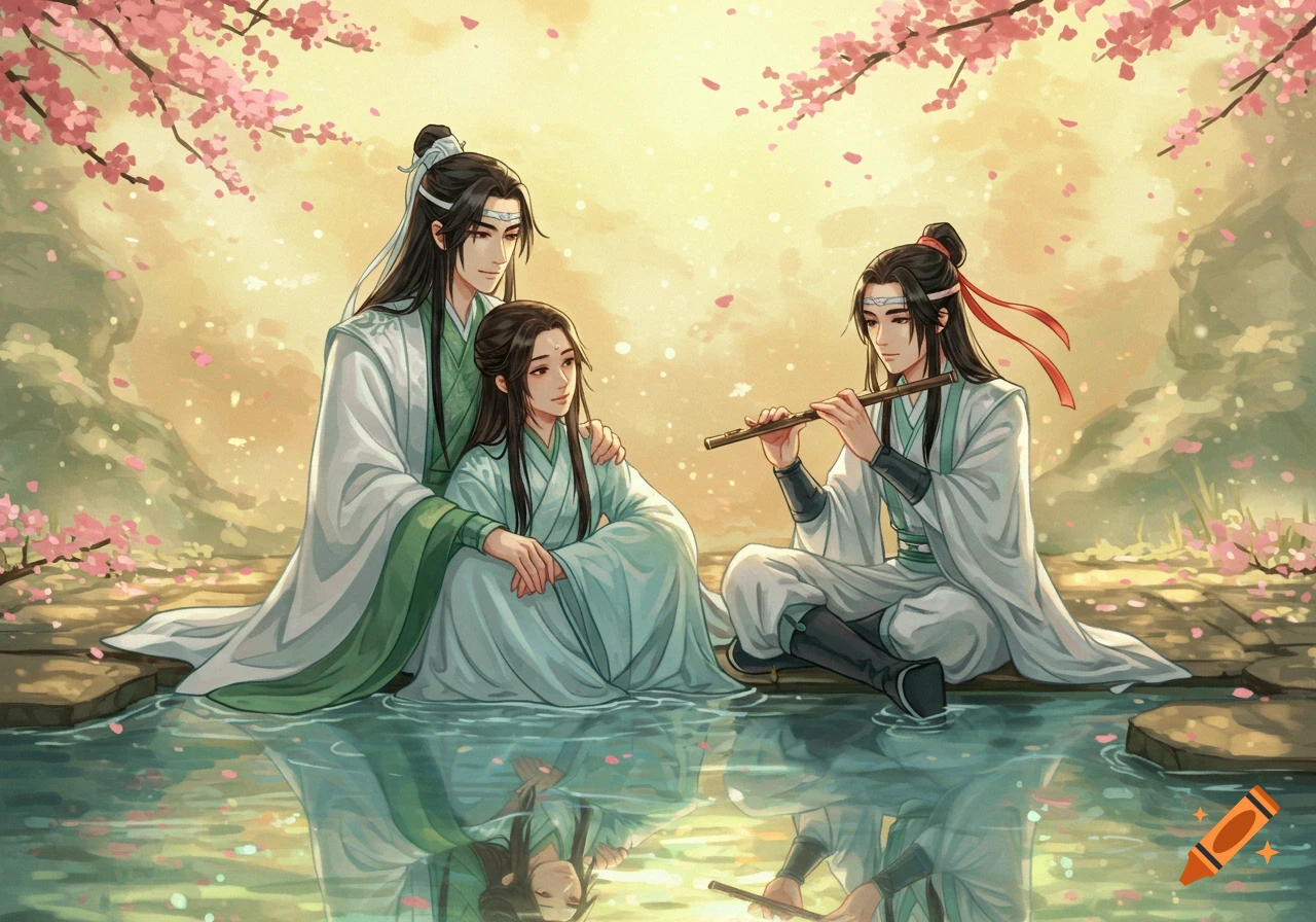 Three anime-style figures in traditional Chinese robes sit by a reflective pool under cherry blossoms, one playing a flute.