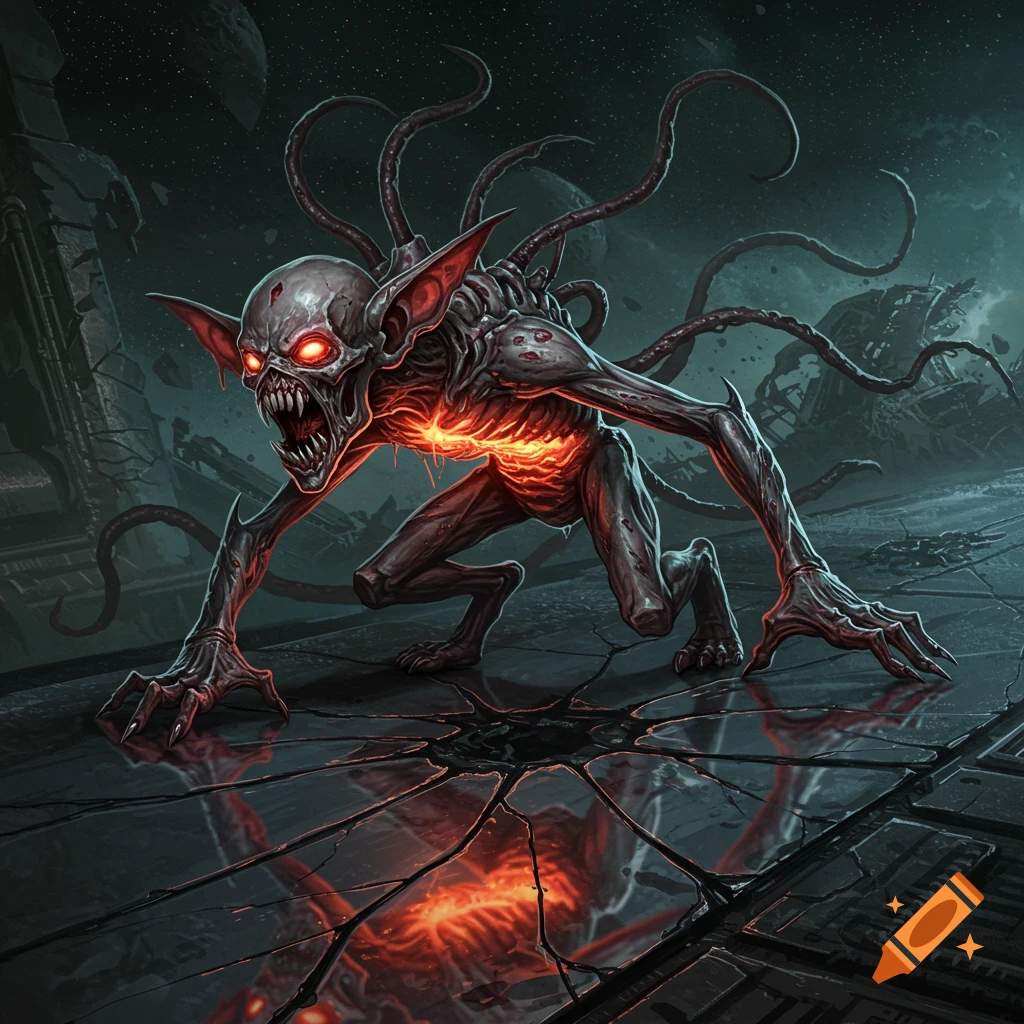 A menacing, hunched alien creature with glowing red eyes and a bright orange chest, crawling on cracked ground with tentacles trailing behind it.