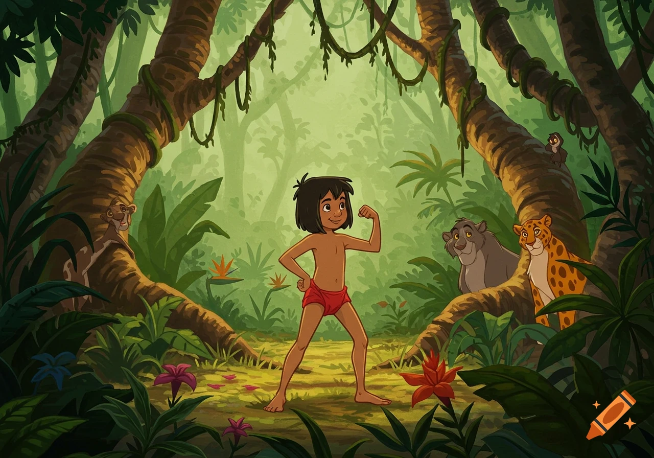 Mowgli flexing his muscles in a loincloth in a vibrant jungle with Baloo and Bagheera nearby in a cartoon style.